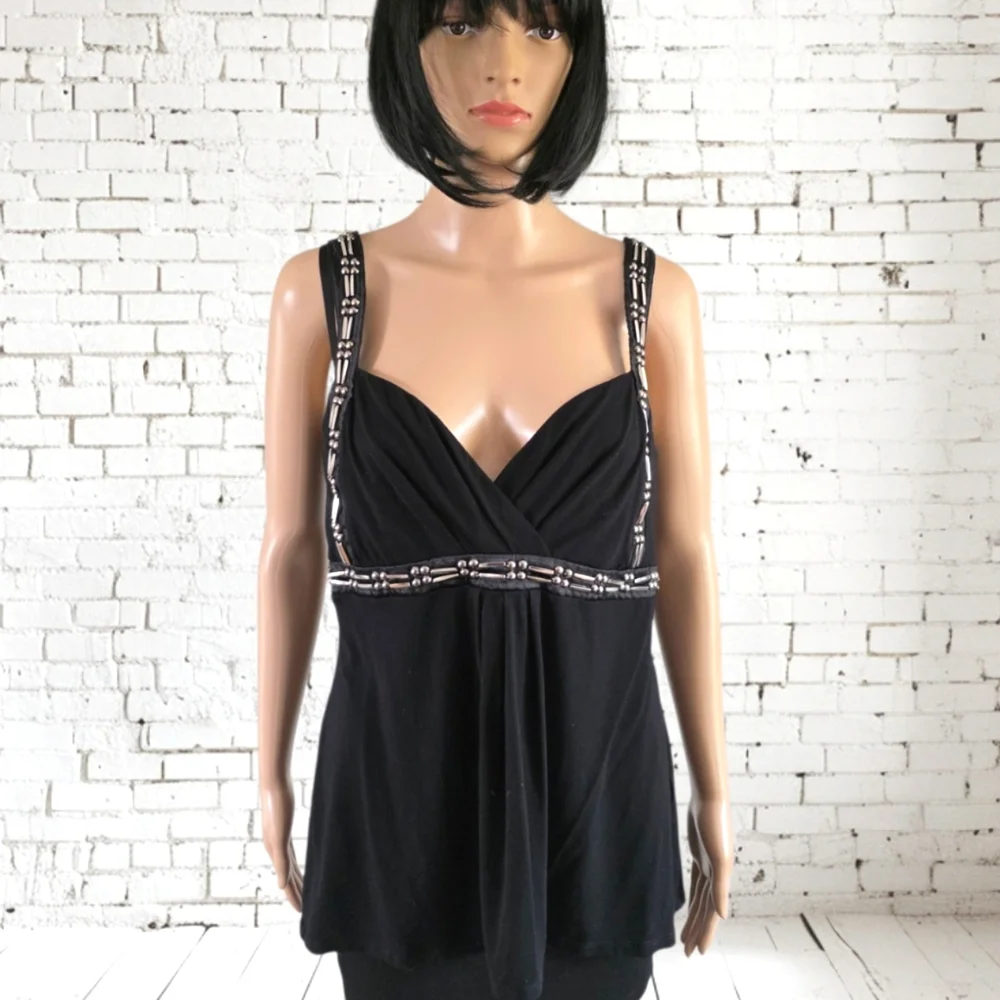 Le Chateau Black Sleeveless Sweatheart Neck Top, Silver Beaded Accents,Size XL - Picture 1 of 12